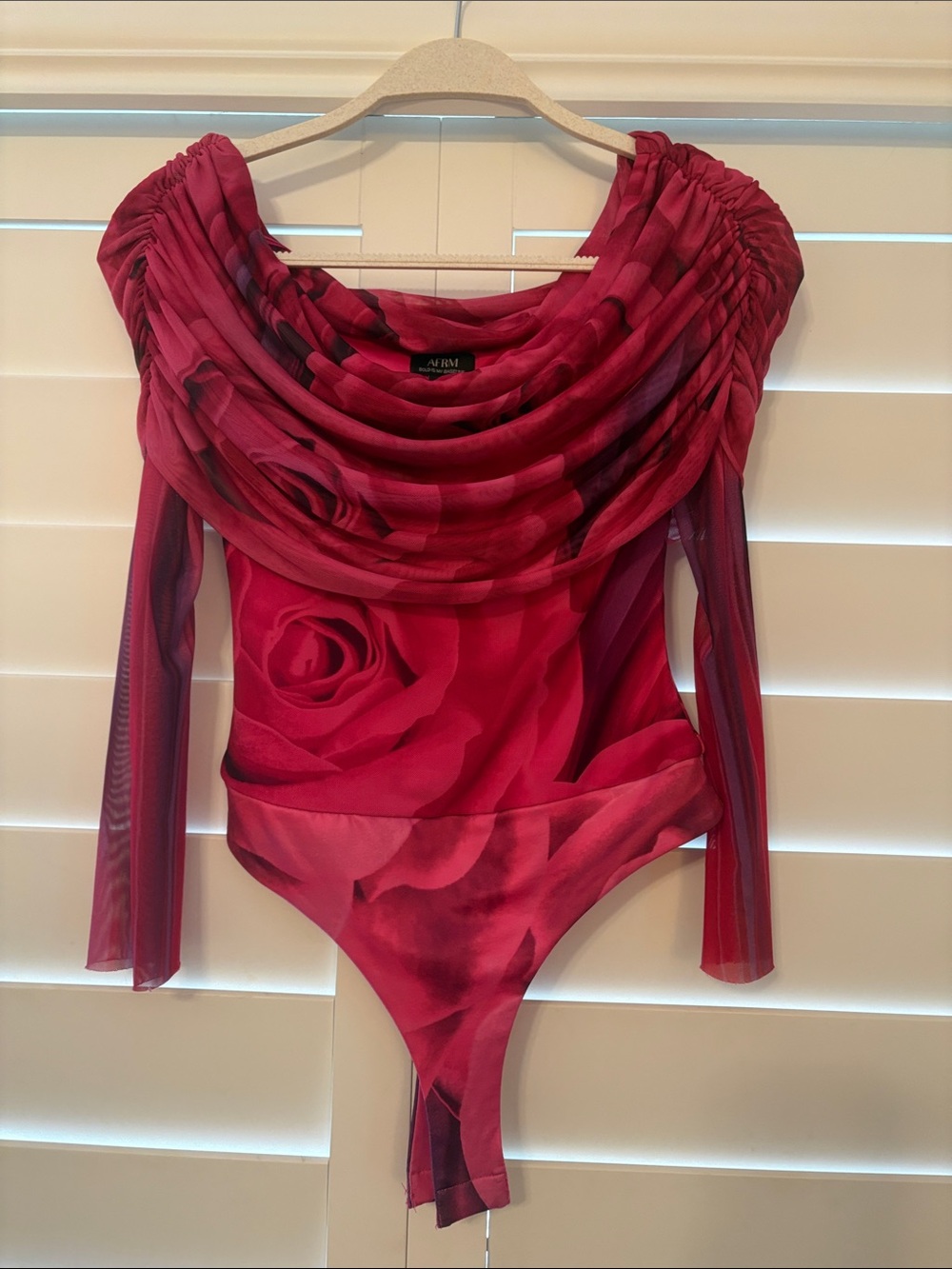 AFRM Pink Rose-Print Draped Cowl Neck Bodysuit